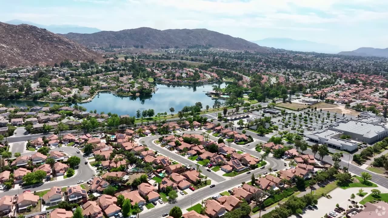 Aerial view of Moreno Valley with Box Springs Mountain in the distance