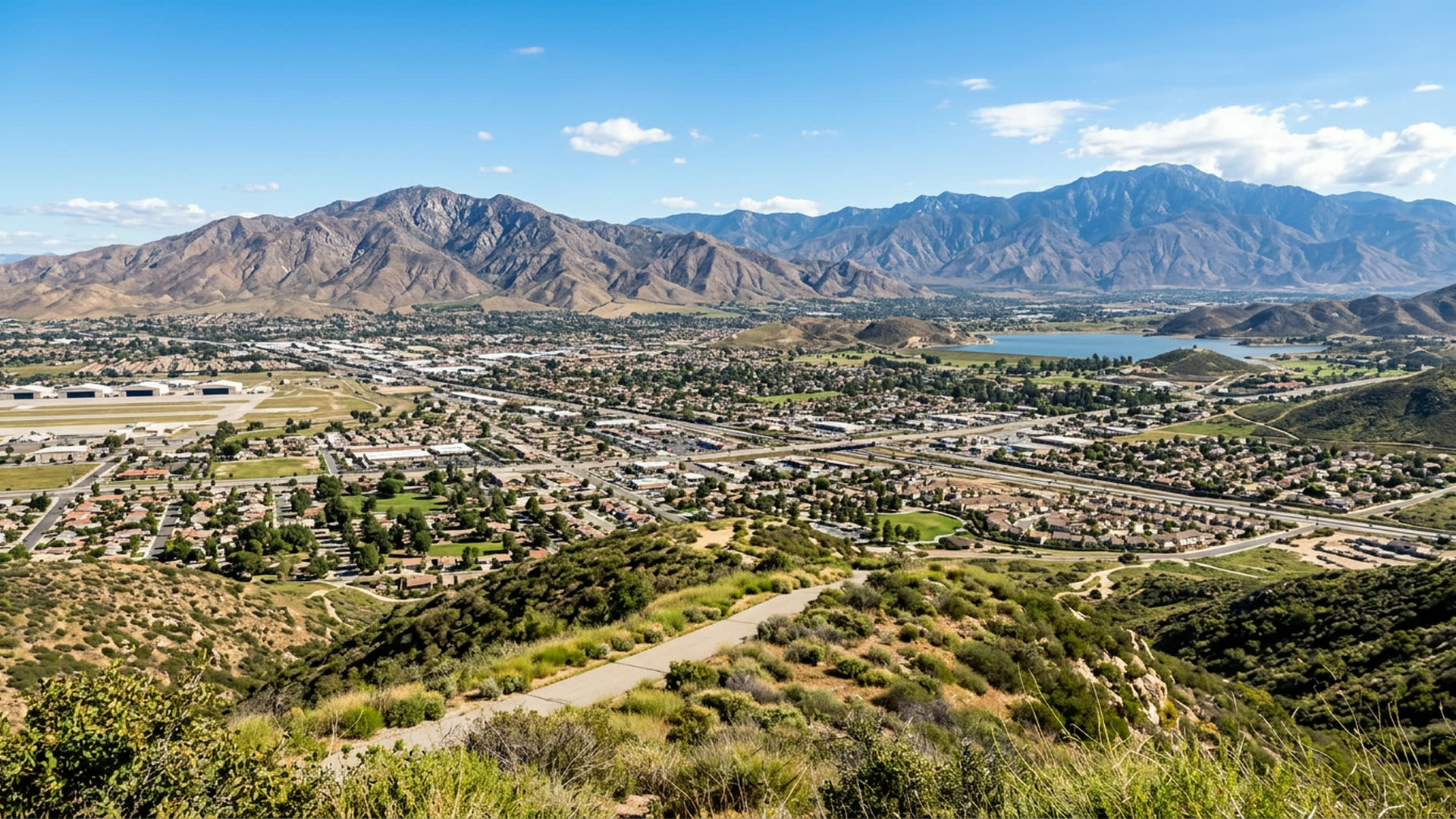 Aerial view of Moreno Valley with Box Springs Mountain in the distance